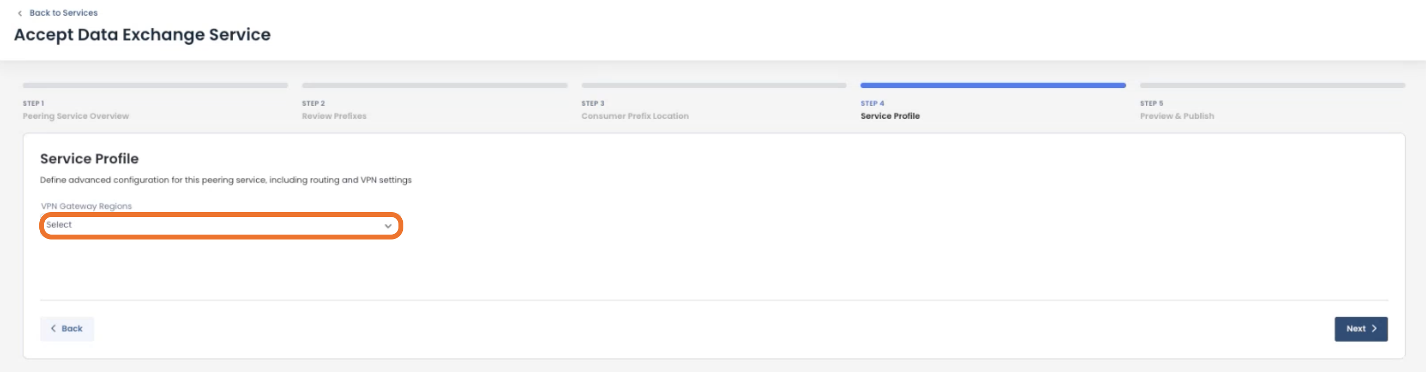 Service profile setup for data exchange, highlighting VPN gateway region selection.